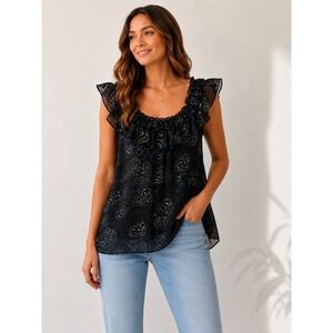 MAX EDITION Ruffle Neck Blouse Chiffon Abstract Print Women M Black Sleeveless